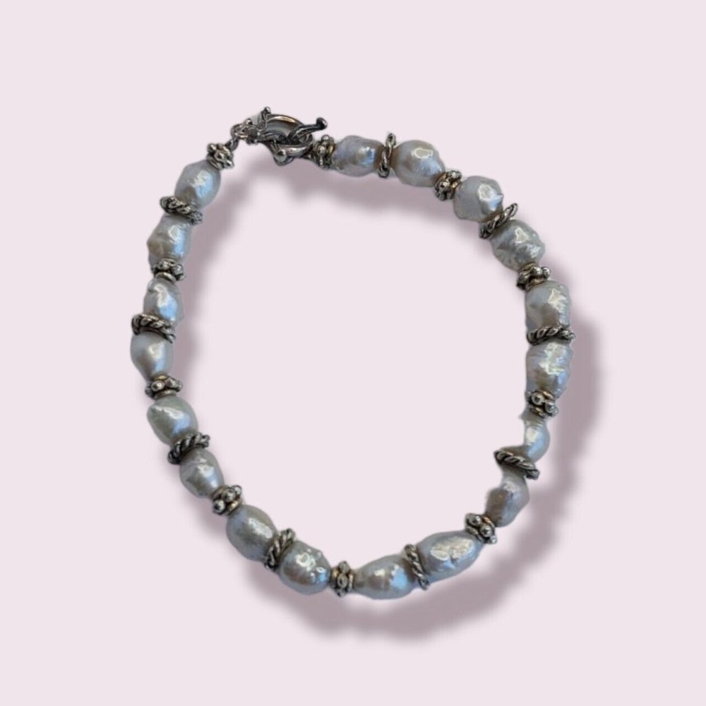 Faux Pearl Beaded Silver Tone Bracelet 7" Fashion Jewelry Vintage Looking